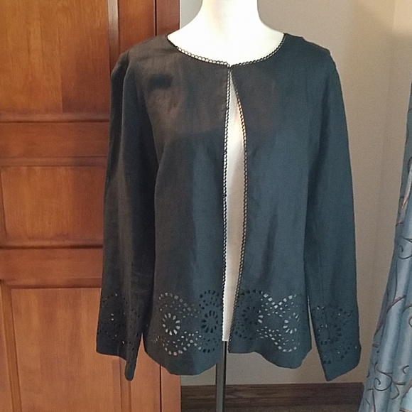 70. Laura Ashley jacket, collar-less black linen, laser cut, EUC - Picture 4 of 11